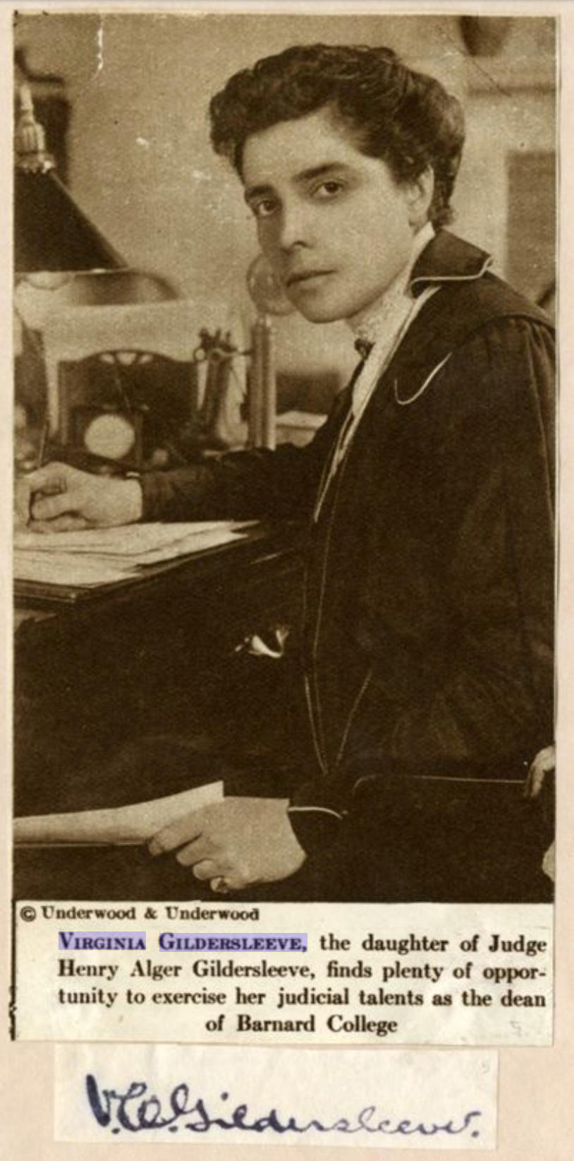 A news clipping shows a photo of Gildersleeve sitting at a writing desk and looking sideways at the camera